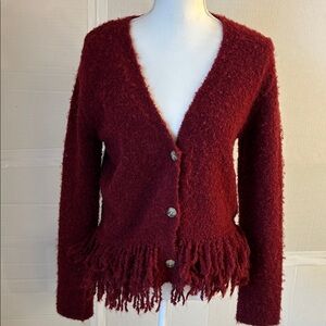 NWT Lucky Brand Womens Button Down Long Sleeve Fringe Wine Cardigan. Sz M